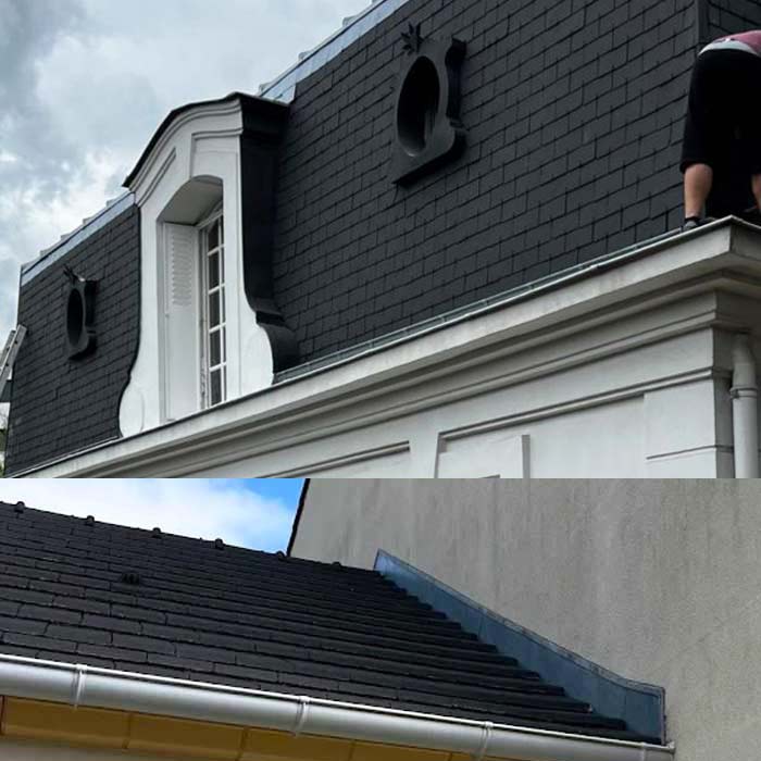 Nettoyage toiture - LE BON COUVREUR 77 à Meaux en Seine-et-Marne : nettoyage, démoussage, traitement anti-mousse toiture. Application d’un revêtement peinture hydrofuge coloré sur toit. Intervention sur Meaux et toute la Seine-et-Marne (77)