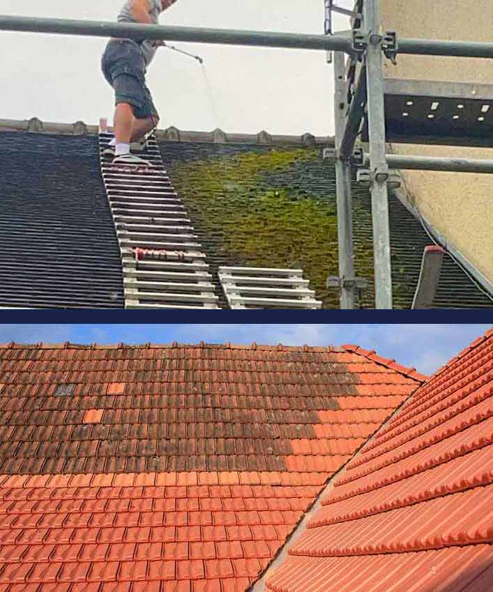 Nettoyage toiture - LE BON COUVREUR 77 à Meaux en Seine-et-Marne : nettoyage, démoussage, traitement anti-mousse toiture. Application d’un revêtement peinture hydrofuge coloré sur toit. Intervention sur Meaux et toute la Seine-et-Marne (77)